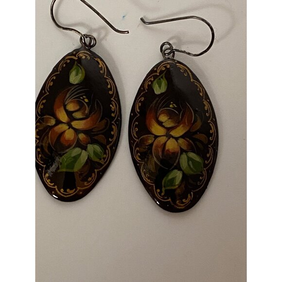 Hand-Painted Russian Floral Brooch & Earrings Set With Rich Glossy Finish - Picture 2 of 12